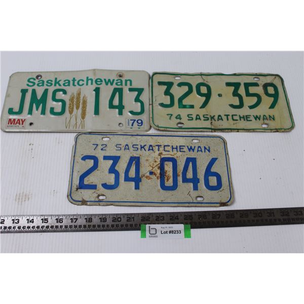 (3) 1970s Saskatchewan License Plates