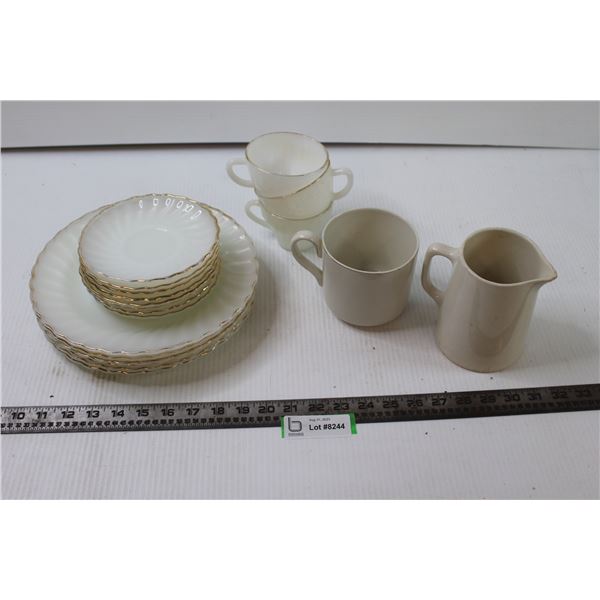 Anchor Hocking Gold Trimmed Milk Glass-- (6) Large Plates, (3) Cups, (7) Saucers + Mug and Pitcher