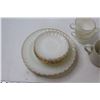 Image 2 : Anchor Hocking Gold Trimmed Milk Glass-- (6) Large Plates, (3) Cups, (7) Saucers + Mug and Pitcher