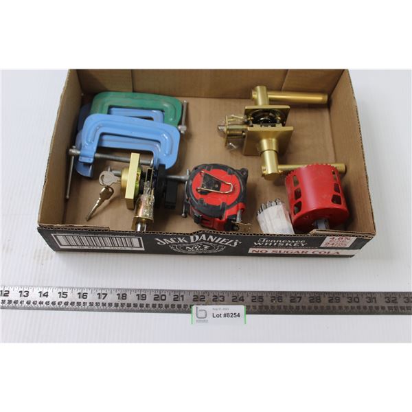 Assortment of Hardware and Tools -- C-Clamps, Door Hardware