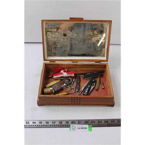 Wooden Jewellery Box w/ Assorted Pocket Knives and Misc.