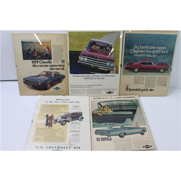 (5) Framed Car Advertisements -- Chevrolet, Chevelle, Impala (13 x 10 )