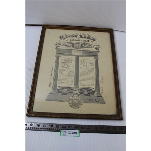 Framed Grand Lodge of Saskatchewan Free Masons Masonic Certificate (1931?) (19-1/4 x 15-1/4")