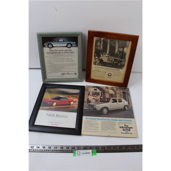 (4) Framed Car Advertisements - Acura, VW, BMW, Alfa Romeo (9-1/4 x 11.5  +)