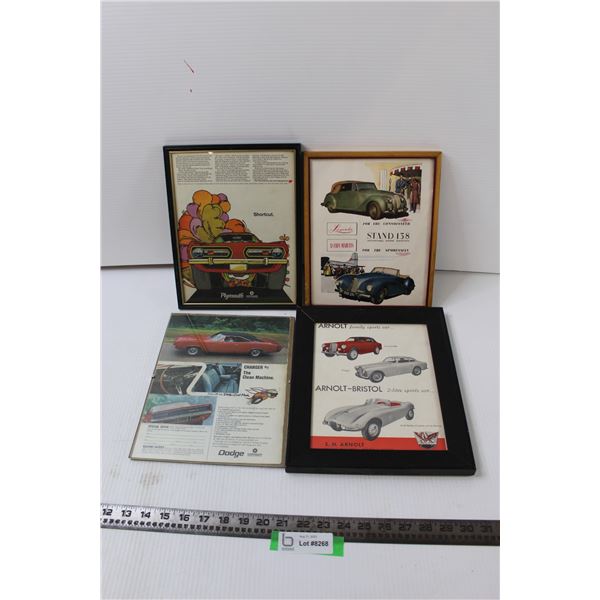 (4) Framed Car Advertisements - Plymouth, Charger, Arnolt, Lagonda, Aston Martin (8.5 x 11-1/4  +)