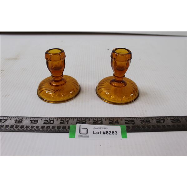 (2) Amber Glass Candle Holder