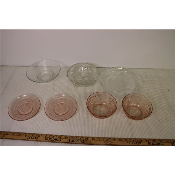 2-Pink Depression Glass Saucers + Assorted Glassware