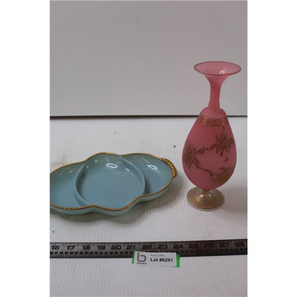 Vintage Fire King Delphite Blue Milk Glass Tray Serving Dish w/Gold Trim MCM and Pink Vase