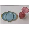Image 4 : Vintage Fire King Delphite Blue Milk Glass Tray Serving Dish w/Gold Trim MCM and Pink Vase