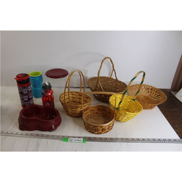 Assorted Kitchenware and Baskets - Water Bottles, Containers