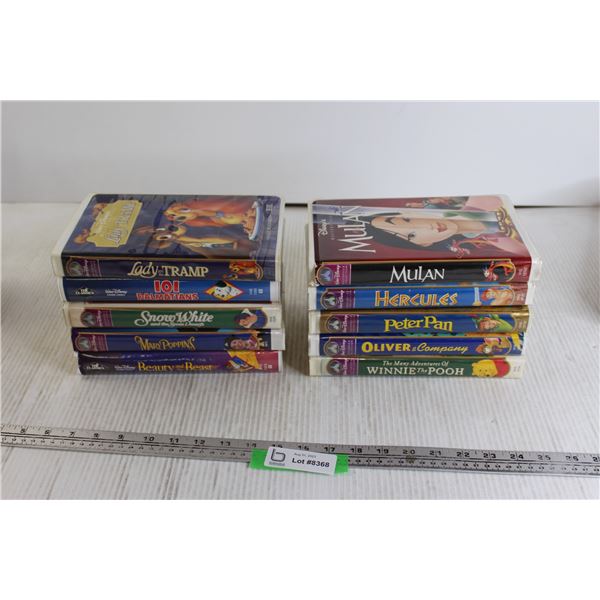 (10) Disney VHS Tapes - Lady and the Tramp, 101 Dalmatians, Snow White, Mulan, Winnie the Pooh, Beau