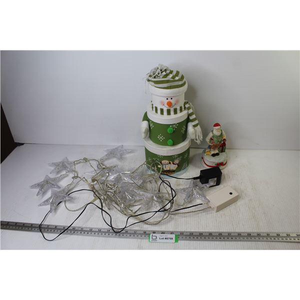 Stacking Snowman Gift Box - Ceramic Musical Santa (working) - Star String Lights (most light up)