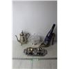 Image 1 : Shoe Wine Bottle Holder, Silver Plated Tea Pot, Tray and Misc.