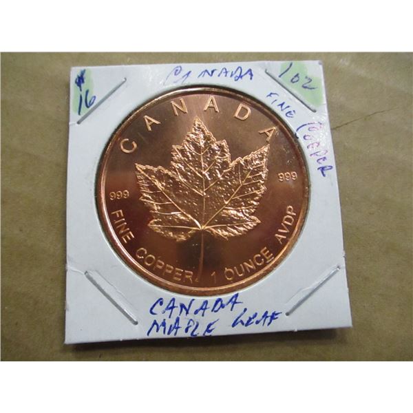 CANADA 1 OUNCE 999 FINE COPPER MAPLE LEAF