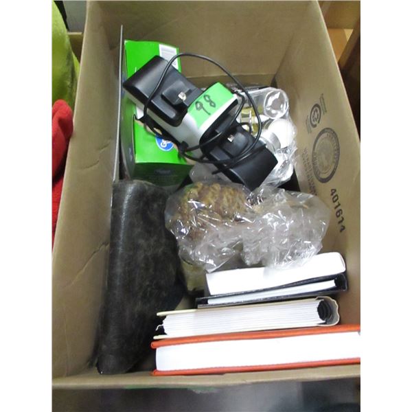 ESTATE:  BOX OF BOOKS, WALLETS, CANDLES, GARBAGE BAGS, ETC