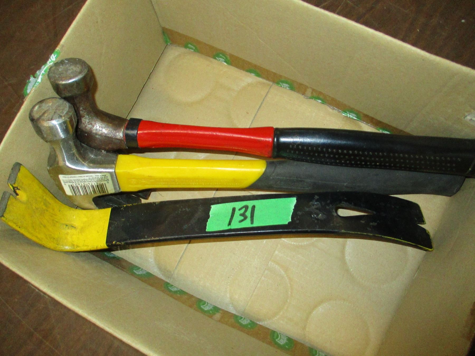 ESTATE: BOX C/W 2 HAMMERS, 1 PRY BAR