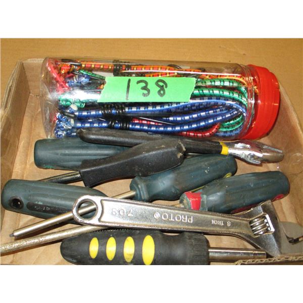 ESTATE:  BOX C/W BUNJEE CORDS, TOOLS, ETC