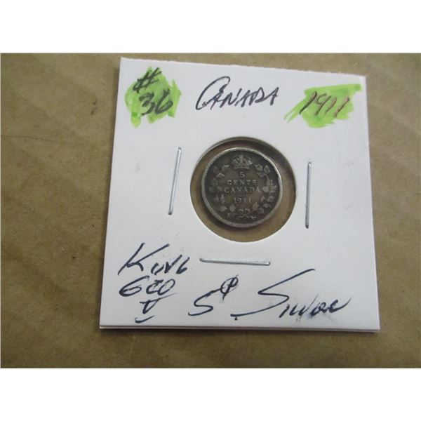 1911 CANADA KING GEORGE V SILVER FIVE CENT
