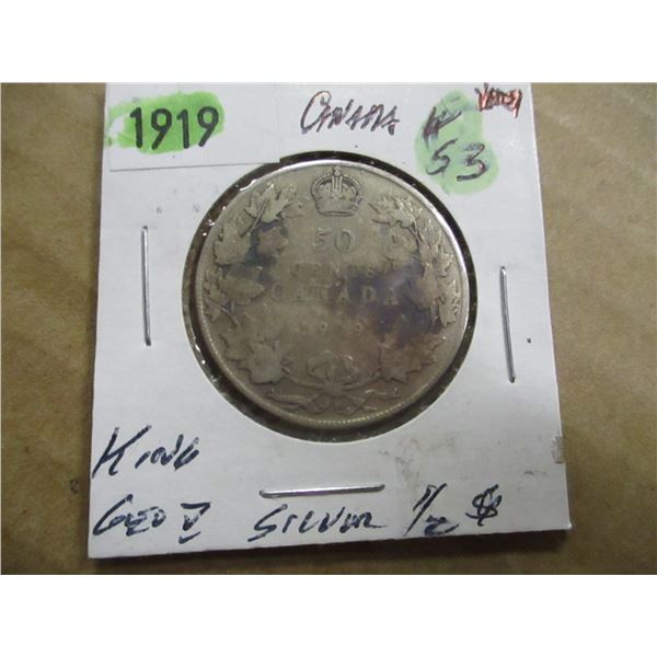 1919 CANADA KING GEORGE V SILVER HALF DOLLAR
