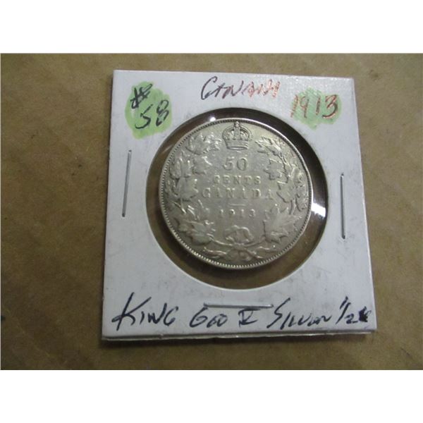 1913 CANADA KING GEORGE V SILVER HALF DOLLAR