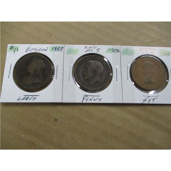 1897 VICTORIAN & 1912 KING GEORGE V & 1965 QUEEN ELIZABETH II LARGE PENNIES