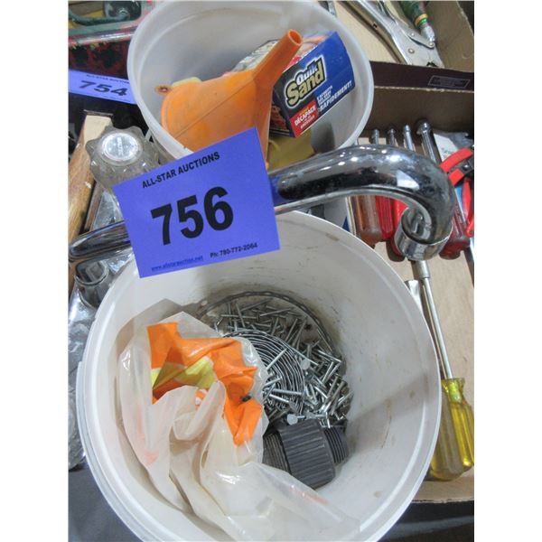 KITCHEN FAUCET, NAILS, FUNNEL SANDING BLOCKS, ETC