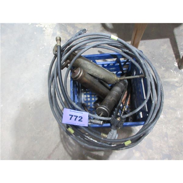 CRATE C/W ASSORTED GREASE GUNS, PROPANE HOSE, ETC