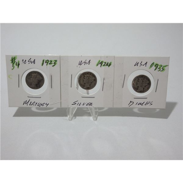 1923, 1924 & 1935 USA MERCURY SILVER DIMES