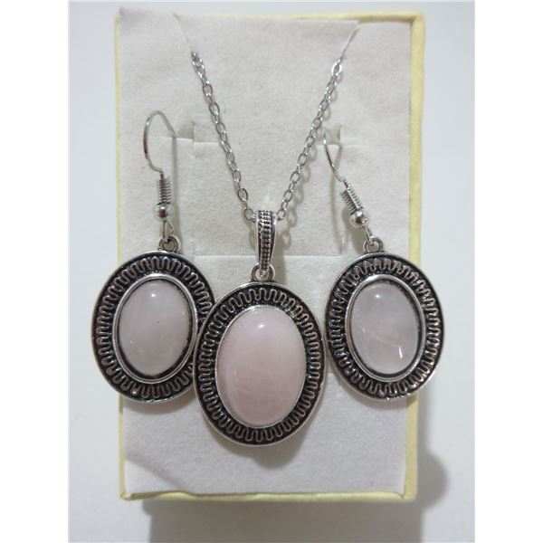 NEW:  NATURAL STERLING SILVER HAND MADE PINK GEM 20" NECKLACE & EARRINGS
