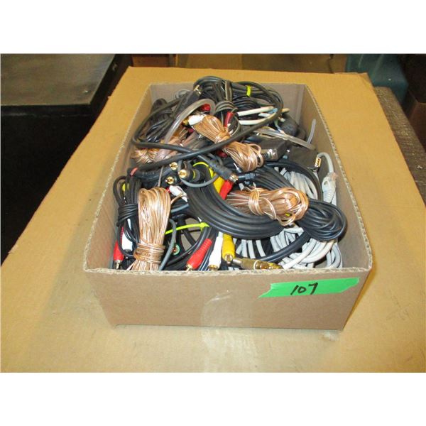 BOX C/W ASSORTED SPEAKER WIRE, CABLE, ETC