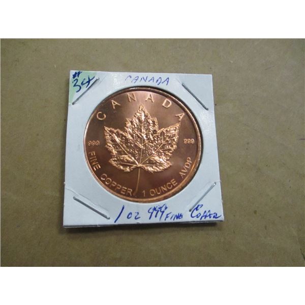 999 FINE ONE OUNCE COPPER CANADA MAPLE LEAF COIN