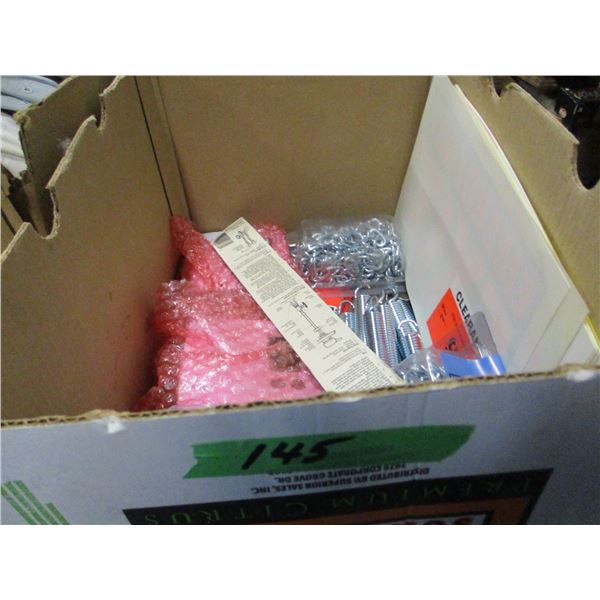 BOX C/W SPRINGS, 12' MACHINE CHAINS, THERMOSTATS, PLUMBING SUPPLIES, ETC