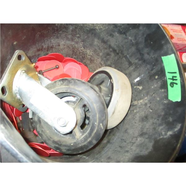 5 GALLON PAIL C/W 2 CASTOR WHEELS, 2" VISE, ETC