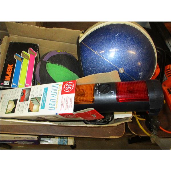 BOX C/W HELMET, BASEBALLS, LITES, ETC