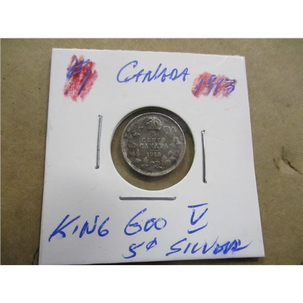 1913 CANADA KING GEROGE V SILVER FIVE CENT