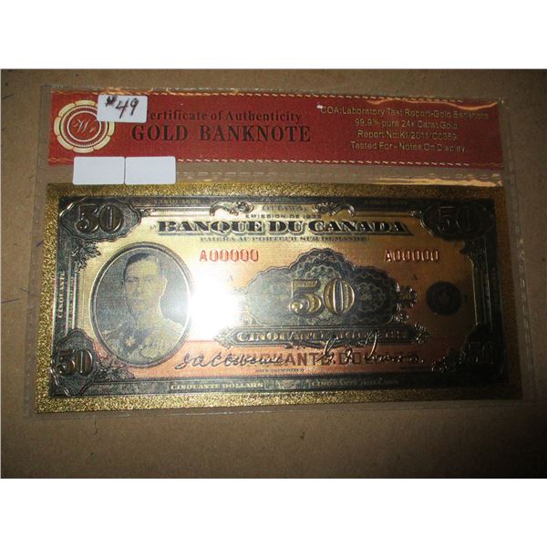 1935 .999 24 KARAT GOLD $50 BILL (NOT LEGAL FOR TRADE)