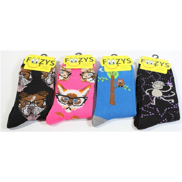 4 FOOZYS NOVELTY SOCKS - DOG CAT MONKEY & OWL