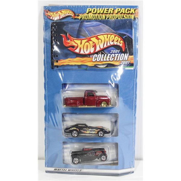 HOT WHEELS 2001 COLLECTION 3 PACK WITH COLLECTOR BOOK - BLACK VETTE WITH FLAMES