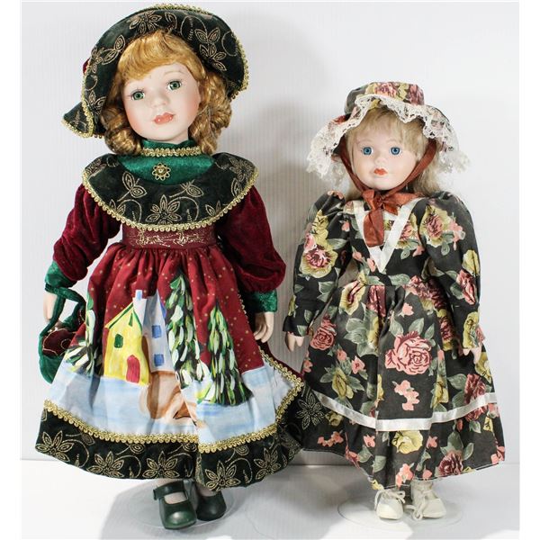 2 PORCELAIN DOLLS ON STANDS - ONE W/ HANDPAINTED SKIRT