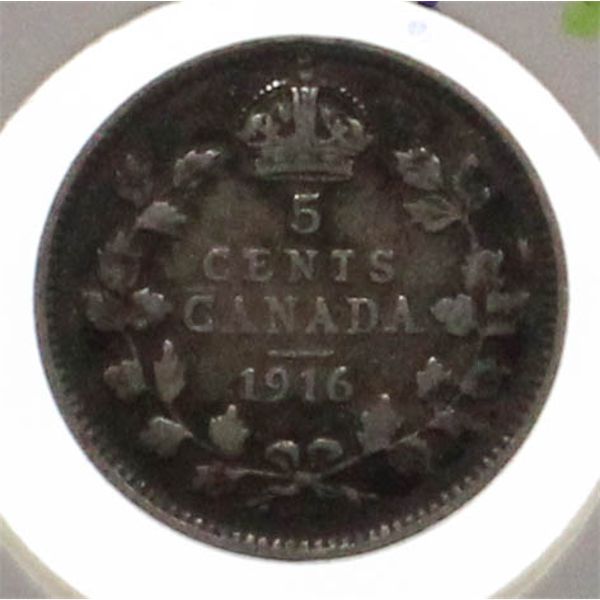 1916 SILVER CANADIAN KING GEORGE V 5 CENT COIN