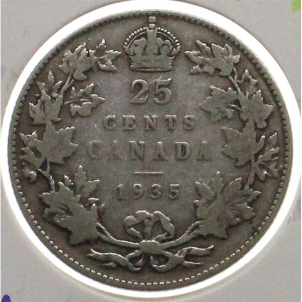 1935 CANADIAN SILVER KING GEORGE V 25 CENT COIN