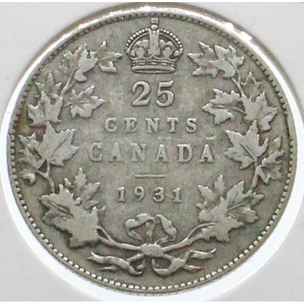 1931 CANADIAN SILVER 25 CENT COIN