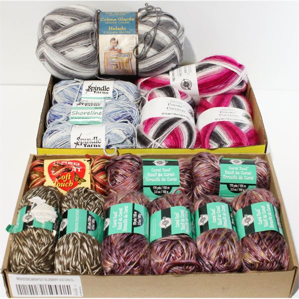 ASSORTED YARN SKEINS SPINDLE LOOPS & THREAD ETC.