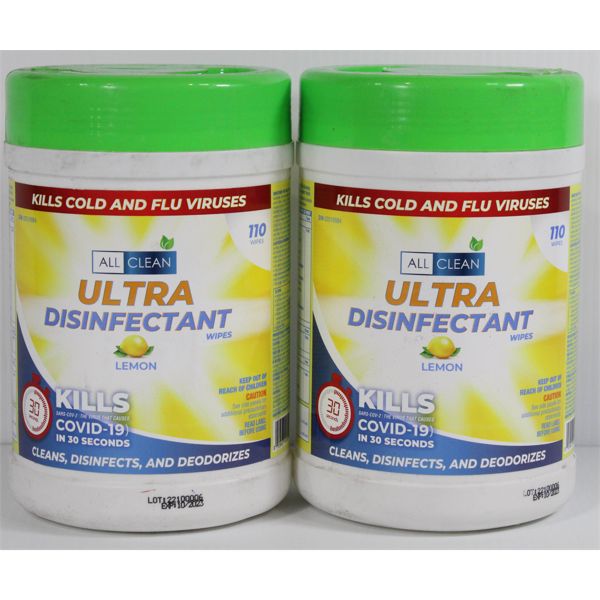 2 X 110 LEMON ALL CLEAN ULTRA DISINFECTANT WIPES