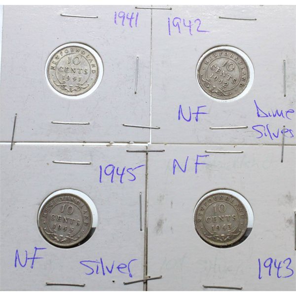 4 SILVER NEWFOUNDLAND 10 CENT COINS