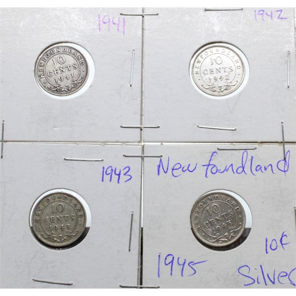 4 SILVER NEWFOUNDLAND 10 CENT COINS