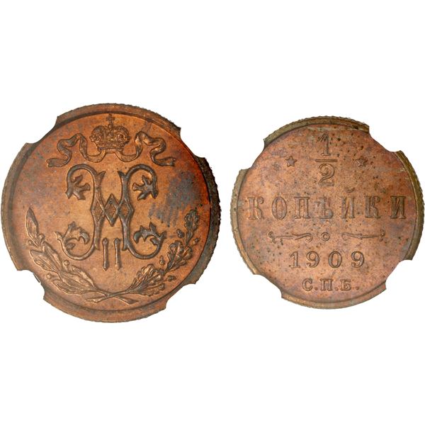 RUSSIAN EMPIRE Nicholas II 1894 1917 AE 1 2 Kopek 1909 NGC MS64 RB russian-empire-nicholas-ii-1894-1917-ae-1-2-kopek-1909-ngc-ms64-rb