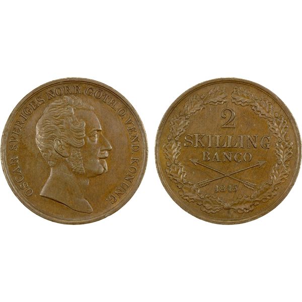 SWEDEN: Oscar I, 1844-1859, AE 2 skilling, 1845, AU