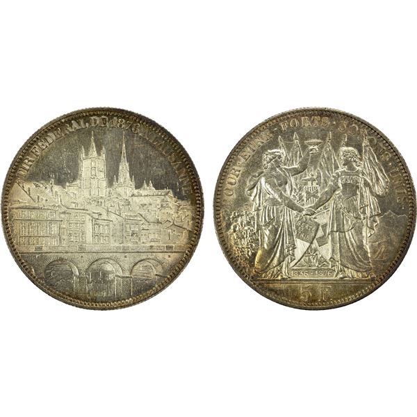 SWITZERLAND: Confederation, AR 5 francs, 1876, Unc