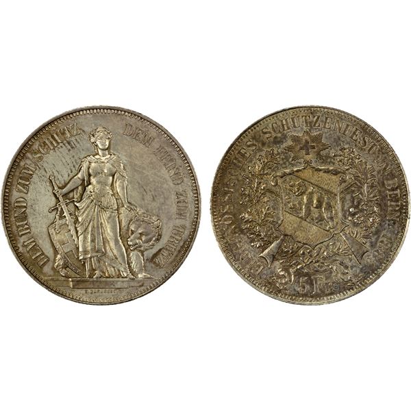 SWITZERLAND: Confederation, AR 5 francs, 1885, AU